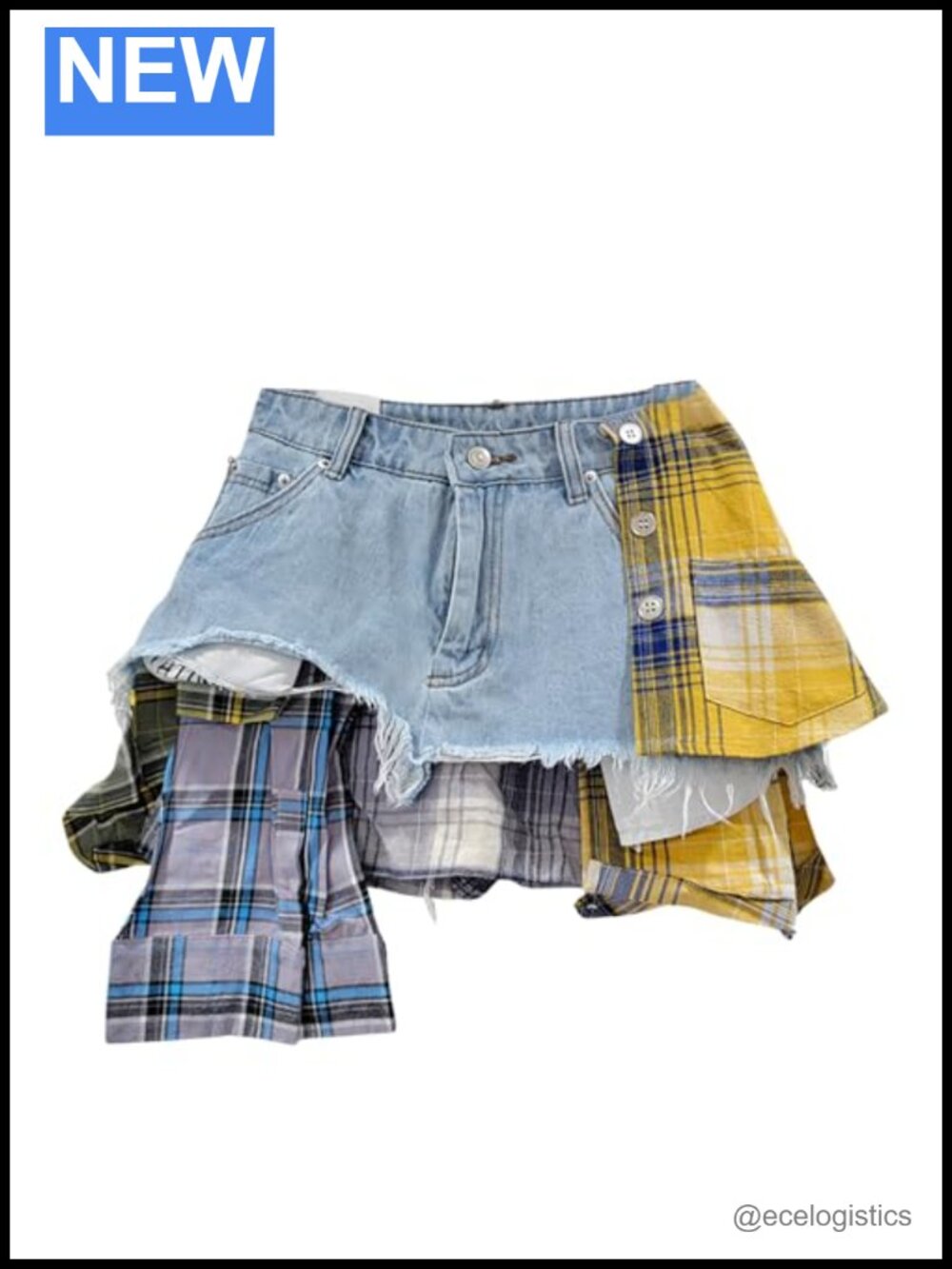 Y2K High Waist Plaid Patchwork Asymmetrical Hem A-Line Mini Denim Skirt